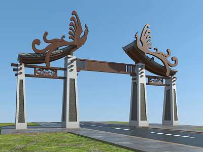 Traditional Chinese Entrance Gate With Phoenix Ornaments And Stone Pillars 3d model