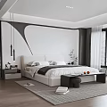 Modern Minimalist Bedroom Interior With White Bed Black Wall Wooden Flooring Rug And Window Chair