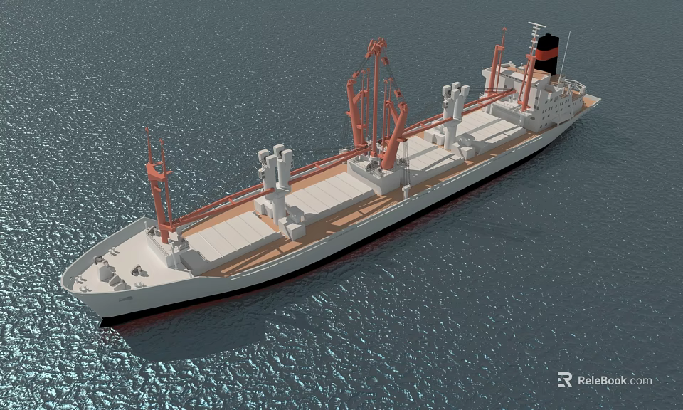 Cargo Ship with Orange Deck Cranes on Calm Ocean Water and White Hull Design 3d model 