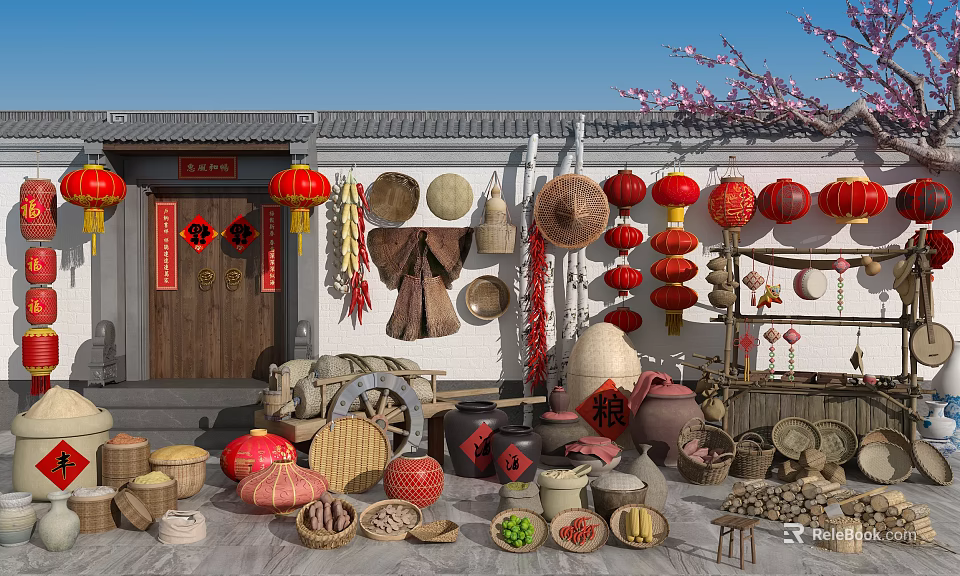 Traditional Household Items Display With Bamboo Crafts Red Lanterns And Earthen Jars 3d model 