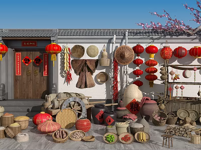 Traditional Household Items Display With Bamboo Crafts Red Lanterns And Earthen Jars 3d model