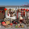 Traditional Household Items Display With Bamboo Crafts Red Lanterns And Earthen Jars