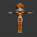 3D Orange Haired Character With Crown Mechanical Arms And Futuristic Outfit