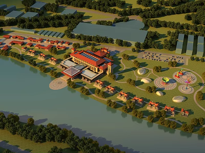 Aerial Planning of Waterfront Building Complex With Green Spaces and Recreational Areas 3d model