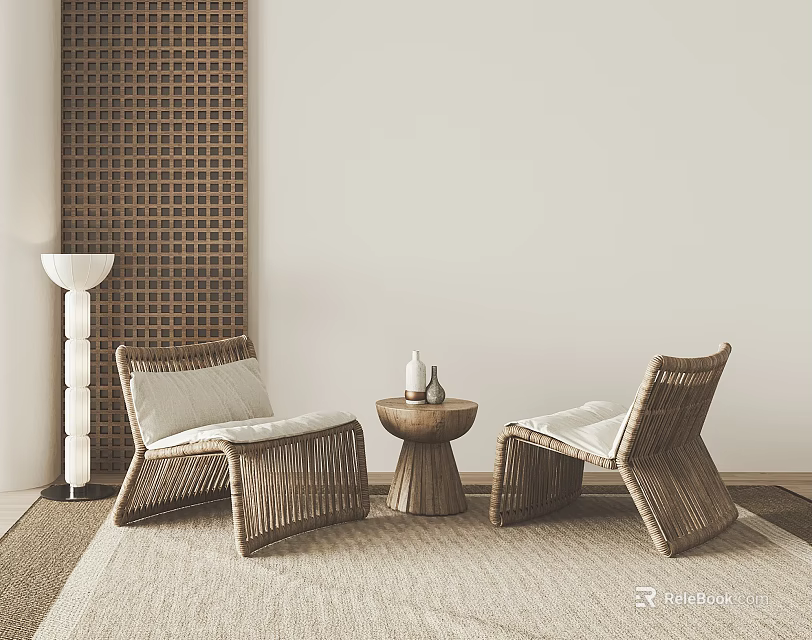 Rattan Chair and Round Side Table Set With Light Cushions Grid Patterned Wall Light Rug 3d model 