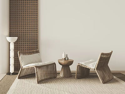 Rattan Chair and Round Side Table Set With Light Cushions Grid Patterned Wall Light Rug 3d model