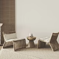 Rattan Chair and Round Side Table Set With Light Cushions Grid Patterned Wall Light Rug