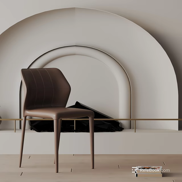 Modern Brown Leather Dining Chair In Interior With White Arched Wall And Gold Metal Accents 3d model 