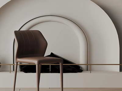 Modern Brown Leather Dining Chair In Interior With White Arched Wall And Gold Metal Accents 3d model
