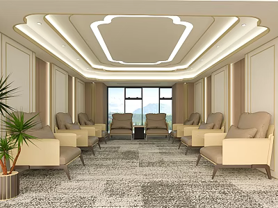 Spacious Modern Hotel Public Lounge With Comfortable Beige Seats Large Windows And Grey Carpet 3d model