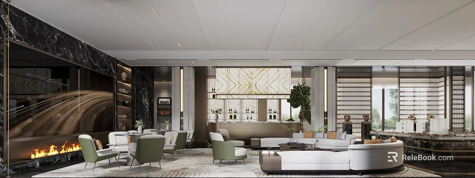 Modern Sales Office Interior Design With Marble Wall Sofa Chairs And Plants 3d model 