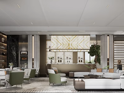 Modern Sales Office Interior Design With Marble Wall Sofa Chairs And Plants 3d model