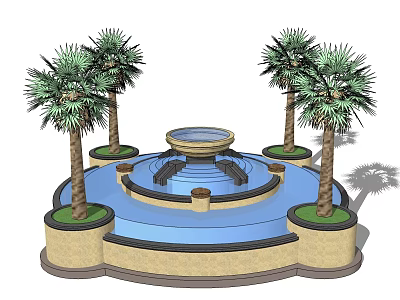 Decorative Multi Tiered Fountain With Surrounding Palm Trees And Circular Base 3d model