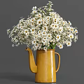 Yellow Kettle Vase With Fresh White Daisies On Gray Background
