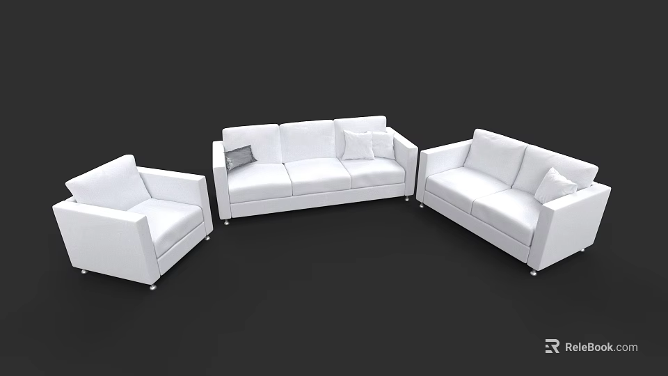 Modern White Sofa Set With Three Seater Two Seater Armchair And Cushions 3d model 