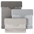 Elegant Roman Shades With Geometric Patterns In Neutral Tones And Scalloped Edges
