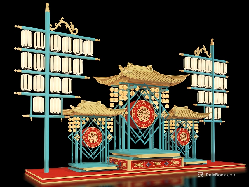 Traditional Chinese Style Photo Check-in Spot with Golden Roof Blue Pillars and Red Lantern Decorations 3d model 