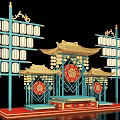 Traditional Chinese Style Photo Check-in Spot with Golden Roof Blue Pillars and Red Lantern Decorations