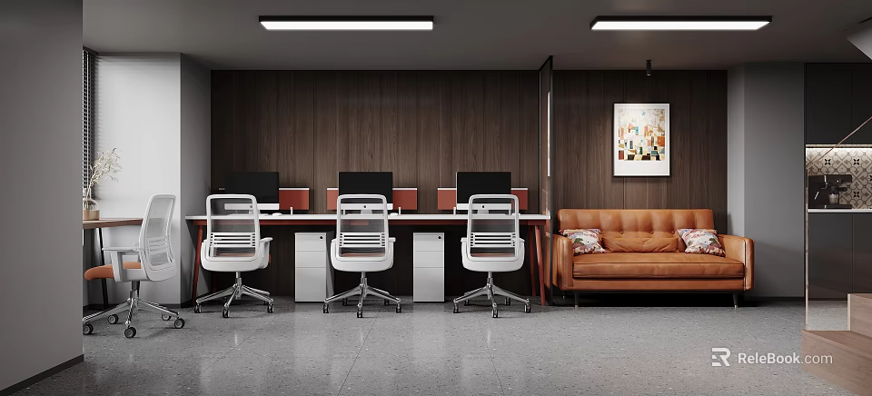 Modern Public Office Space With Wooden Walls Desks Ergonomic Chairs And Brown Sofa 3d model 