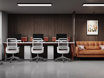 Modern Public Office Space With Wooden Walls Desks Ergonomic Chairs And Brown Sofa 3d model