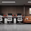 Modern Public Office Space With Wooden Walls Desks Ergonomic Chairs And Brown Sofa