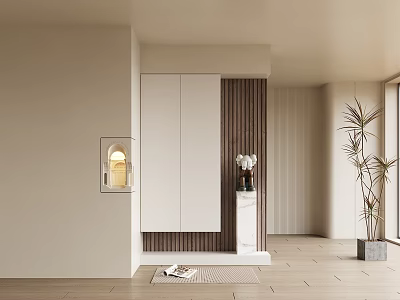 Modern Entrance Cabinet And Side Cabinet Design With White Doors Wooden Paneling Vase And Plant 3d model