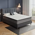 Double Bed With Gray Headboard Dark Blue Walls Pendant Lights Nightstands Flowers Rug Wooden Floor