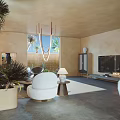 Modern Living Dining Room Interior With Hanging Chandelier Sofa Coffee Table And Outdoor Cactus View