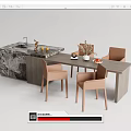 Modern Dining Table Set With Beige Chairs Marble Countertop And Decorative Items