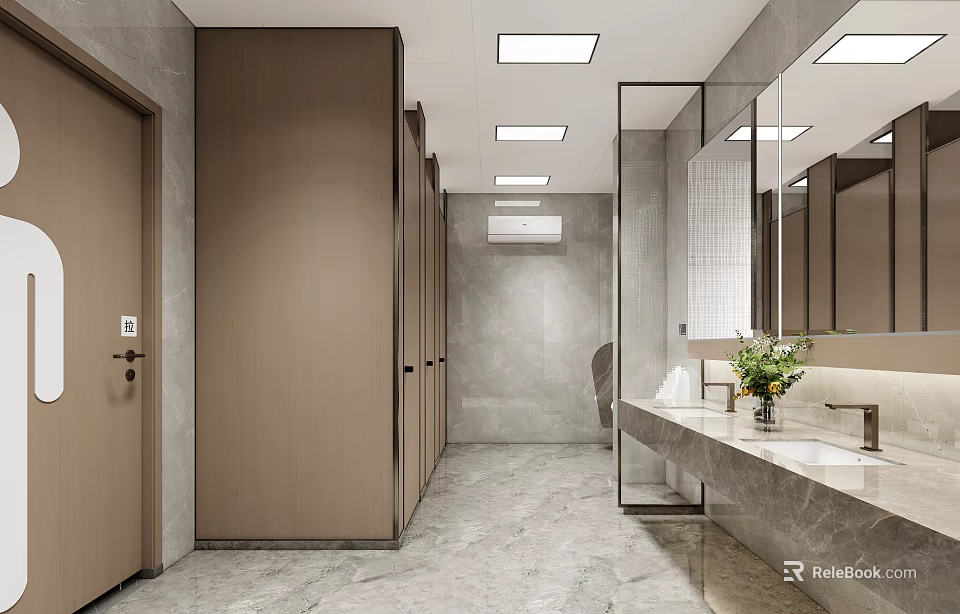 Modern Public Restroom Interior Design Featuring Clean Marble Counter Washbasin And Mirror 3d model