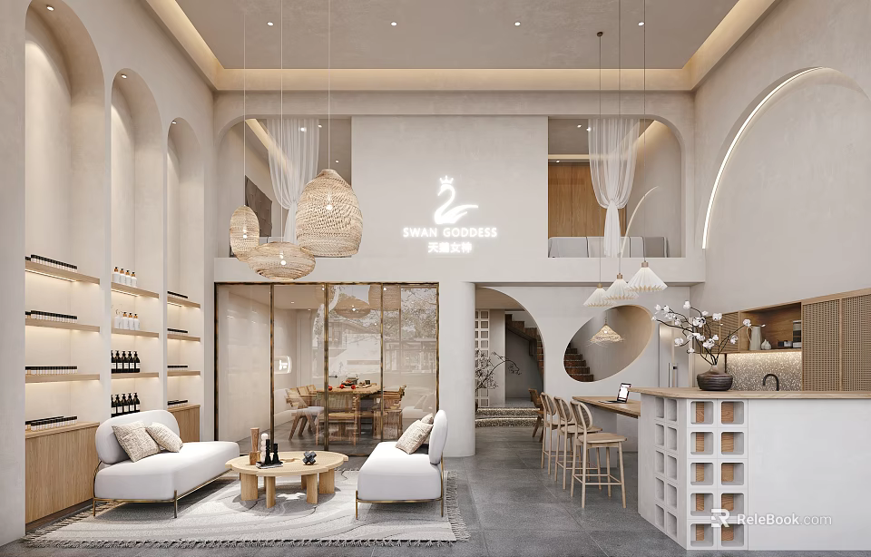 Modern Leisure Area Interior With Sofa Coffee Table Wine Rack And Pendant Lights 3d model 