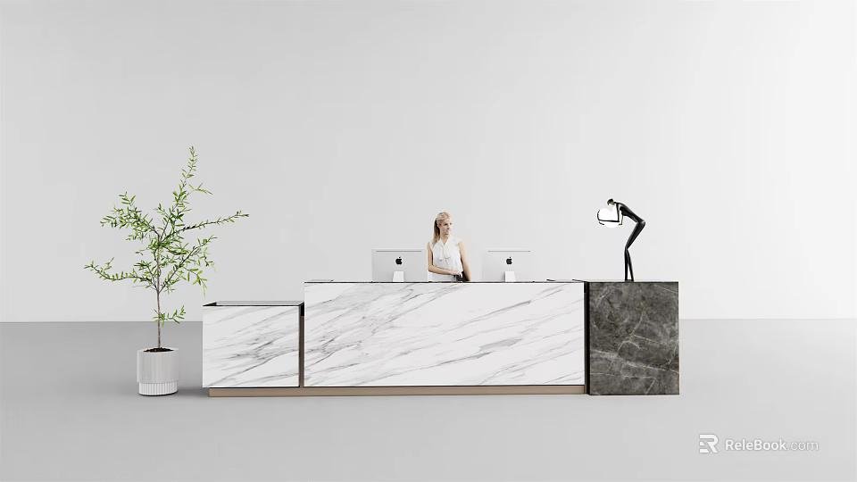 Modern Reception Desk With Marble Top Receptionist Potted Plant And Floor Lamp 3d model 
