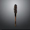 Decorative Wooden Ceremonial Staff With Intricate Top Stacked Design And Brown Finish