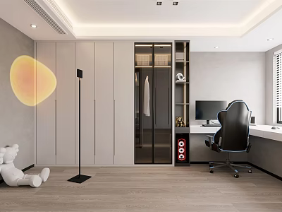 Modern Home Office Interior With Wooden Desk Ergonomic Chair Computer And Floor Lamp 3d model