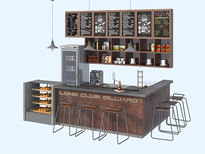 Commercial Bar Equipment With Coffee Machine Refrigerator And Menu Boards 3d model