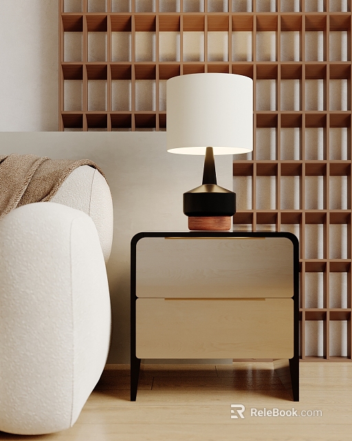 Modern Table Lamp with White Lampshade and Wooden Base on Beige Nightstand Near Light Sofa 3d model 