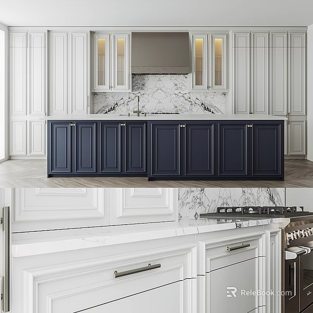 Elegant Modern Kitchen With Navy Blue Cabinets And Marble Countertops 3d model 