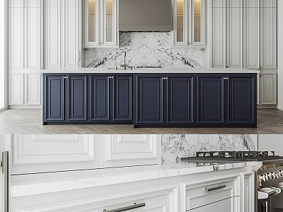 Elegant Modern Kitchen With Navy Blue Cabinets And Marble Countertops 3d model