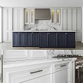 Elegant Modern Kitchen With Navy Blue Cabinets And Marble Countertops