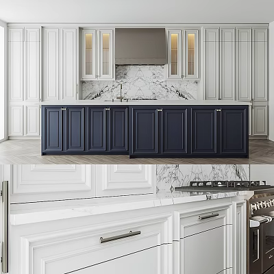 Elegant Modern Kitchen With Navy Blue Cabinets And Marble Countertops 3d model