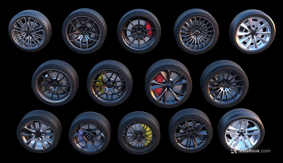 Various Car Wheel And Tire Designs With Different Rim Styles And Colors 3d model 