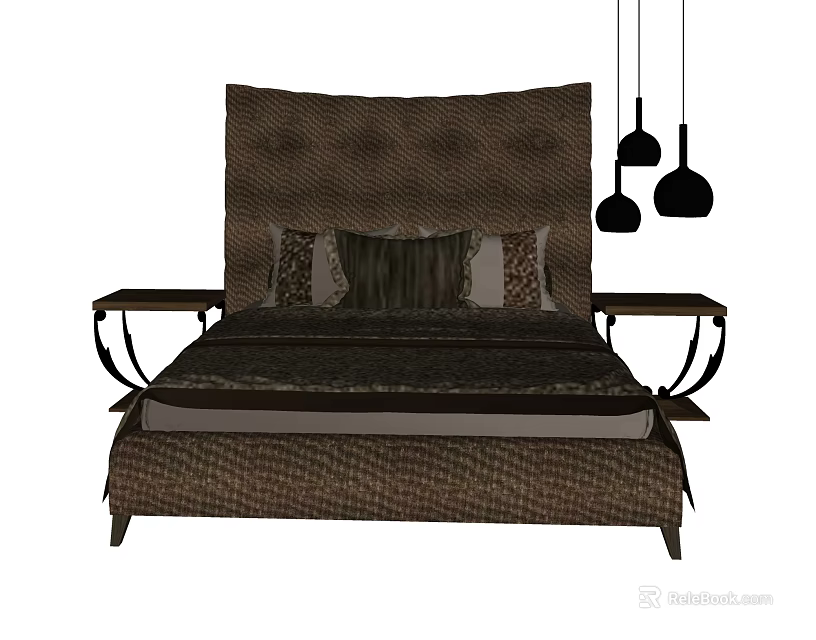 Elegant Double Bed with Textured Headboard Decorative Pillows Side Tables and Hanging Pendant Lights 3d model 