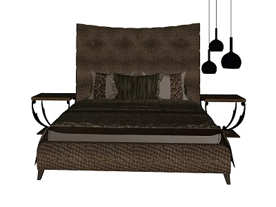Elegant Double Bed with Textured Headboard Decorative Pillows Side Tables and Hanging Pendant Lights 3d model