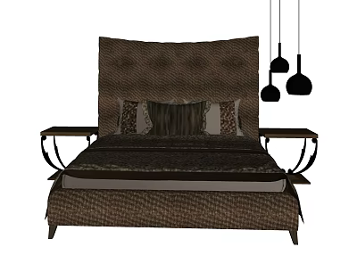 Elegant Double Bed with Textured Headboard Decorative Pillows Side Tables and Hanging Pendant Lights 3d model