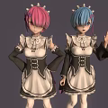 Two Cute Anime Maid Characters With Pink Blue Hair In Classic Outfits Waving Posing