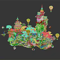 Ancient Architecture Castle On Floating Island With Blue Spires Green Trees Colorful Hot Air Balloons