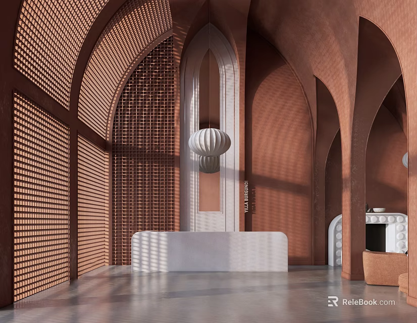 Modern Luxury Reception Space With Brown Arched Structures Perforated Walls White Desk And Pendant Light 3d model 