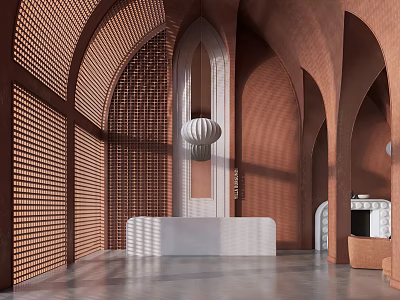 Modern Luxury Reception Space With Brown Arched Structures Perforated Walls White Desk And Pendant Light 3d model