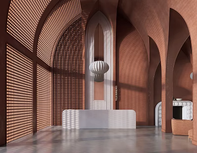 Modern Luxury Reception Space With Brown Arched Structures Perforated Walls White Desk And Pendant Light 3d model