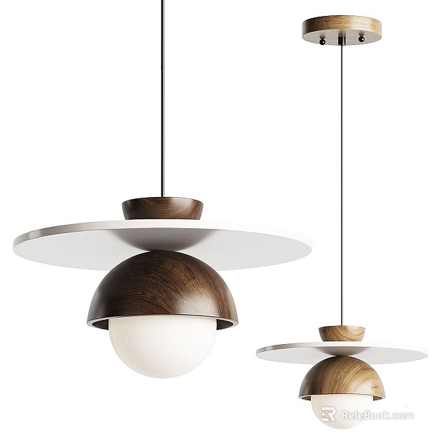Modern Pendant Chandelier with Walnut Wood Top and White Glass Globe Shade Design 3d model 